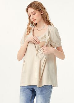 Puff Sleeves Button Down Maternity & Nursing Top, , hi-res