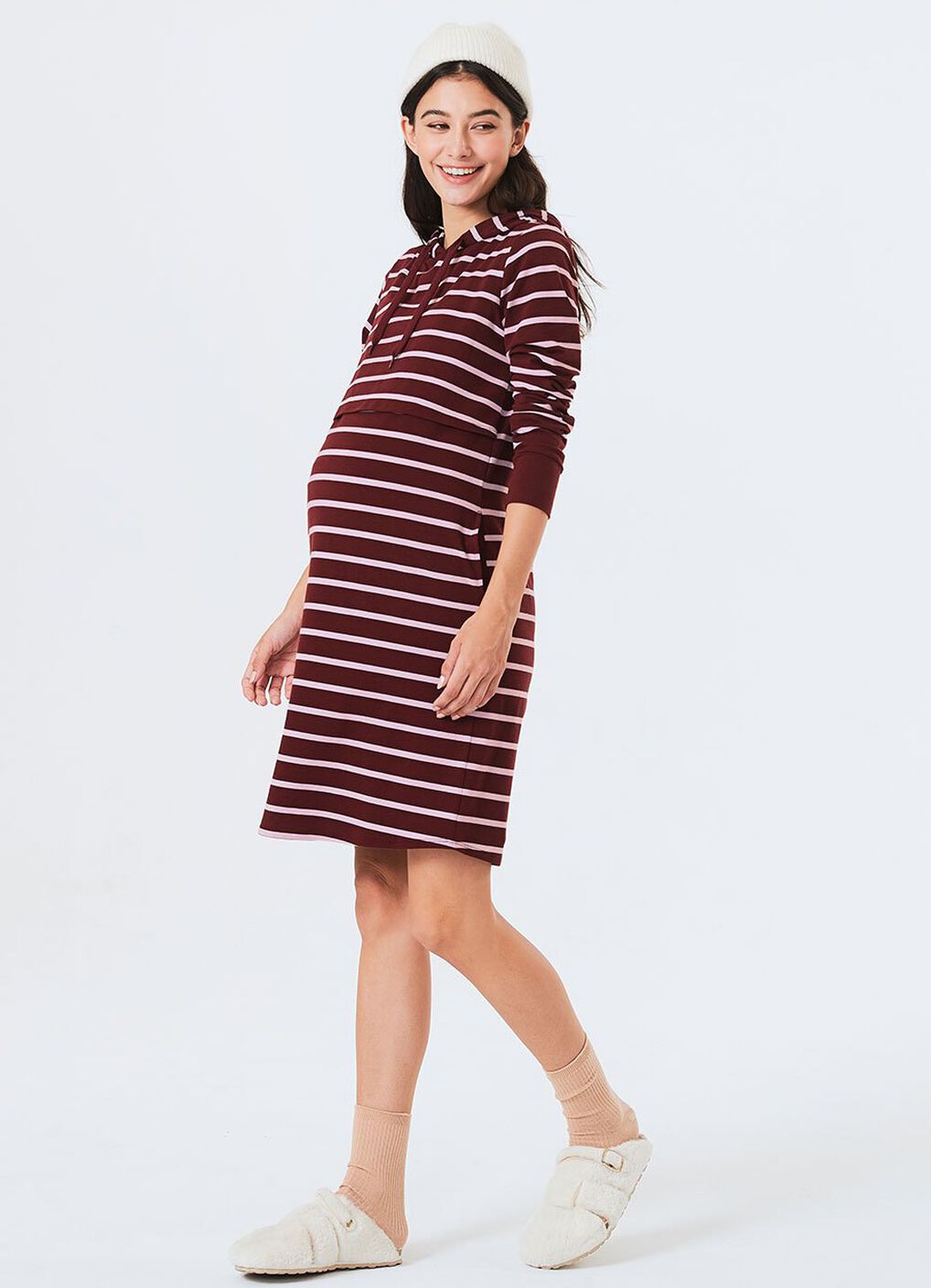 Striped Maternity & Nursing Hoodie Dress, Wine, hi-res image number 2