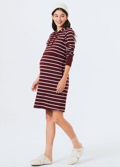 Striped Maternity & Nursing Hoodie Dress, Wine, hi-res