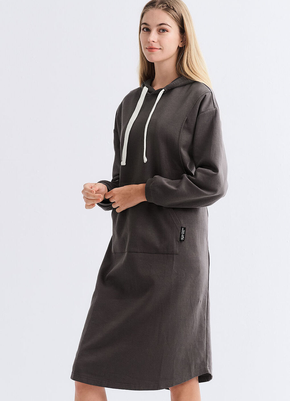 Relaxed Cotton Maternity & Nursing Hoodie Dress, Charcoal, hi-res image number 0