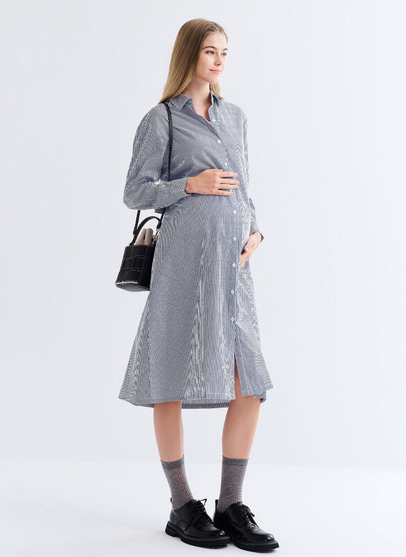 Striped Belted Maternity & Nursing Shirt Dress