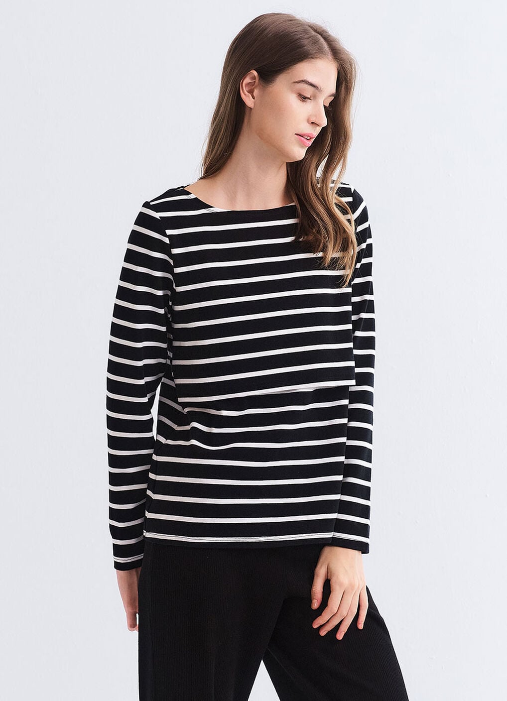 Striped Boat Neck Maternity & Nursing Top, Black, hi-res image number 3