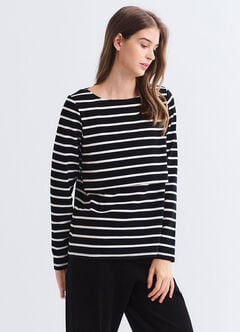 Striped Boat Neck Maternity & Nursing Top, Black, hi-res