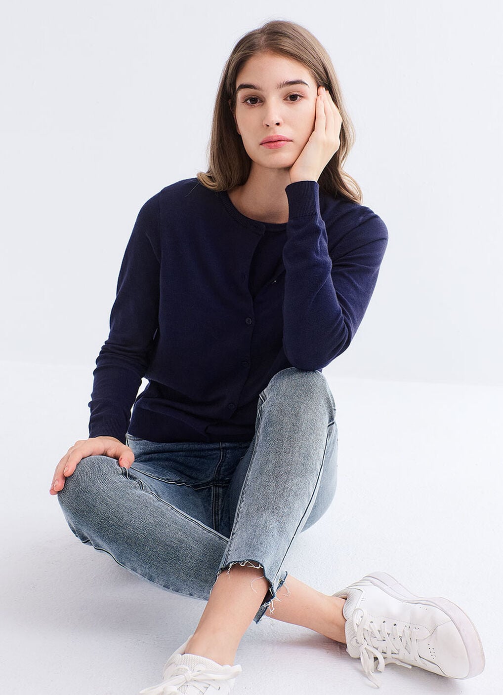 Knitted Crew Neck Maternity & Nursing Cardigan, Navy, hi-res image number 0