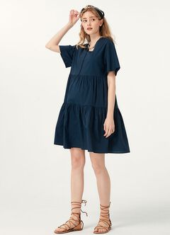 Flared Hem Cotton Maternity & Nursing Dress, Navy, hi-res