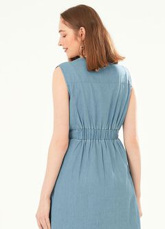 Button-through S/L Maternity & Nursing Dress, Blue, hi-res