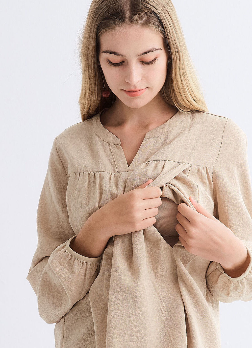 Pleated V-Neck Maternity & Nursing Top, Khaki, hi-res image number 2