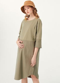 Round Neck Patchwork M&N Dress, Sage Green, hi-res
