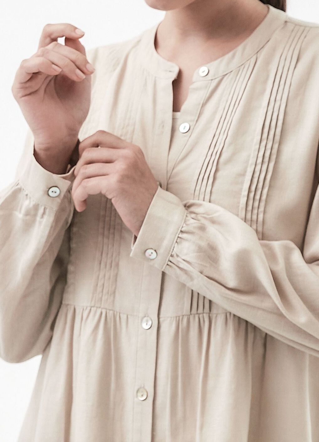 Emboss Pleated Long Sleeve Maternity & Nursing Shirt, Cream, hi-res image number 2