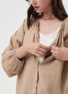 Pleated Round Neck Long Sleeve Maternity & Nursing Blouse, Khaki, hi-res