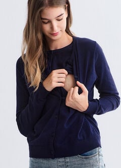 Knitted Crew Neck Maternity & Nursing Cardigan, Navy, hi-res