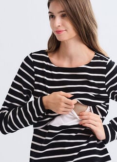 Striped Boat Neck Maternity & Nursing Top, Black, hi-res