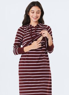 Striped Maternity & Nursing Hoodie Dress, Wine, hi-res