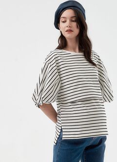 Striped Puff Sleeve Maternity & Nursing Top, White, hi-res