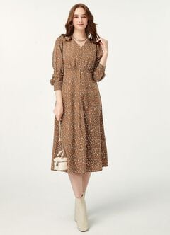 Floral Print V-Neck Maternity & Nursing Dress, Brown, hi-res
