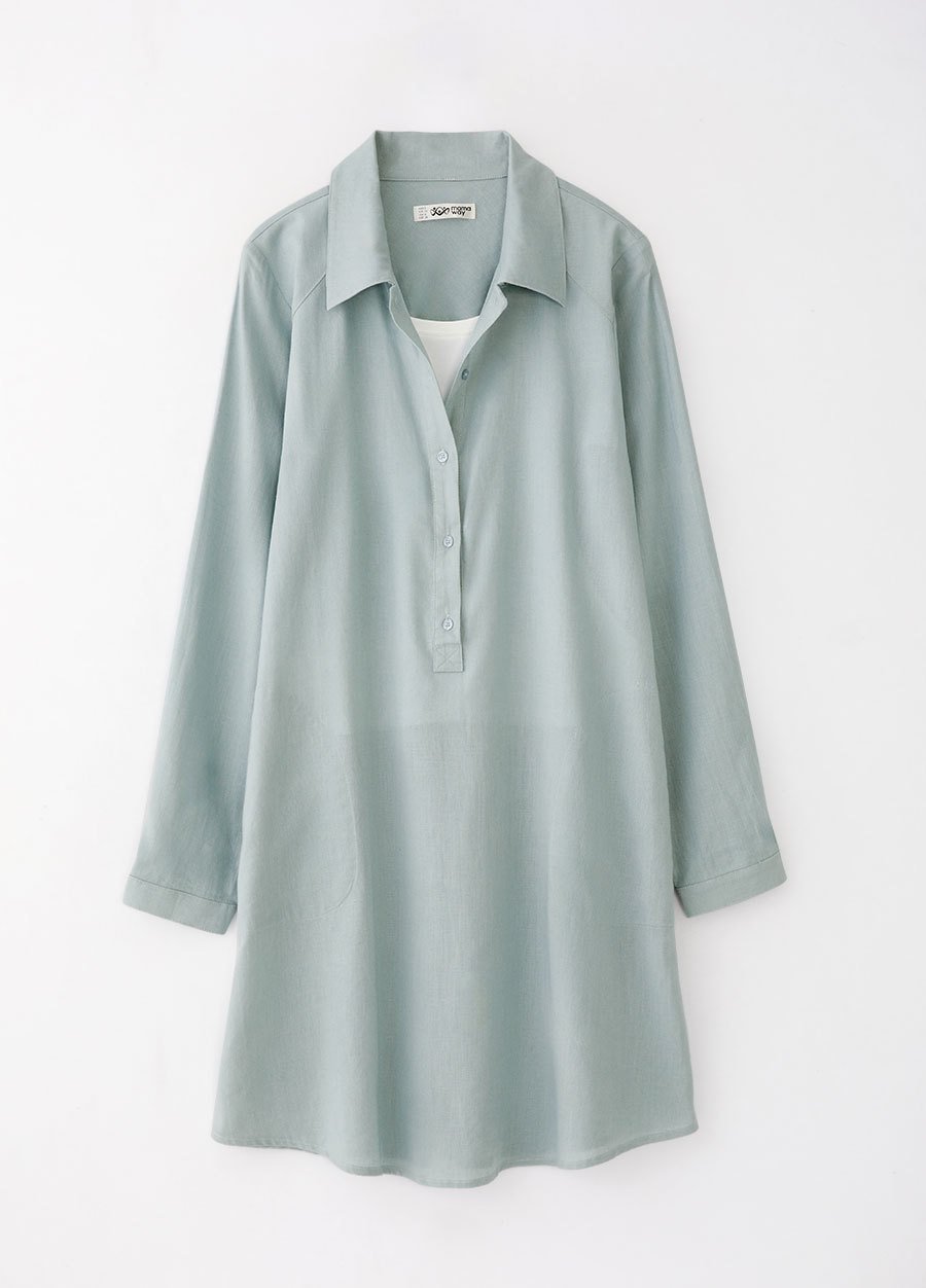 Half Button Collared Maternity & Nursing Long Blouse, Sage, small