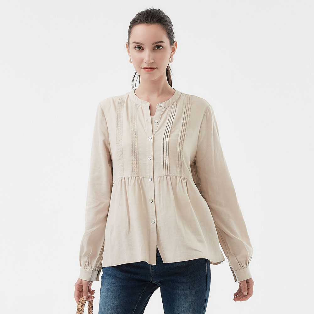 Emboss Pleated Long Sleeve Maternity & Nursing Blouse 