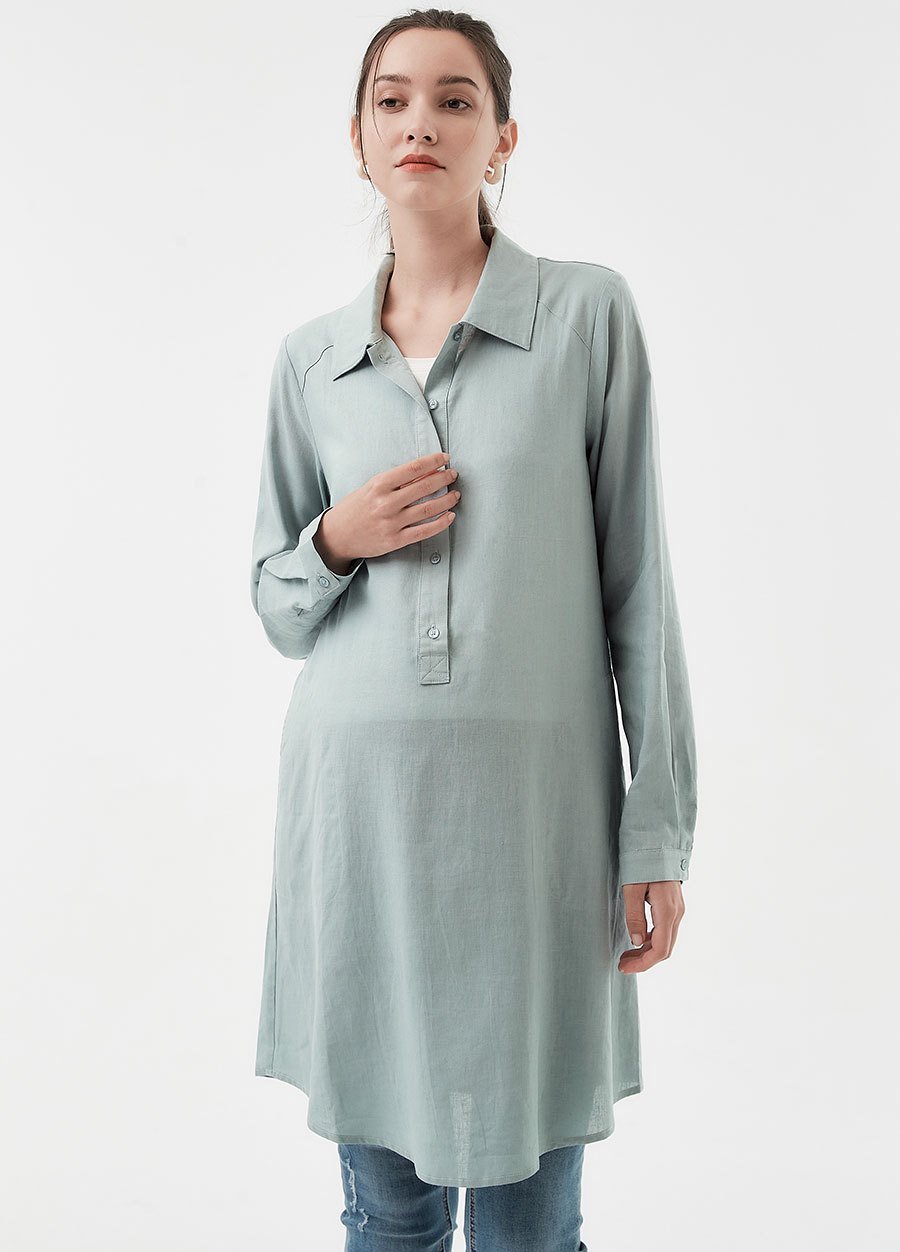 Half Button Collared Maternity & Nursing Long Blouse, Sage, small