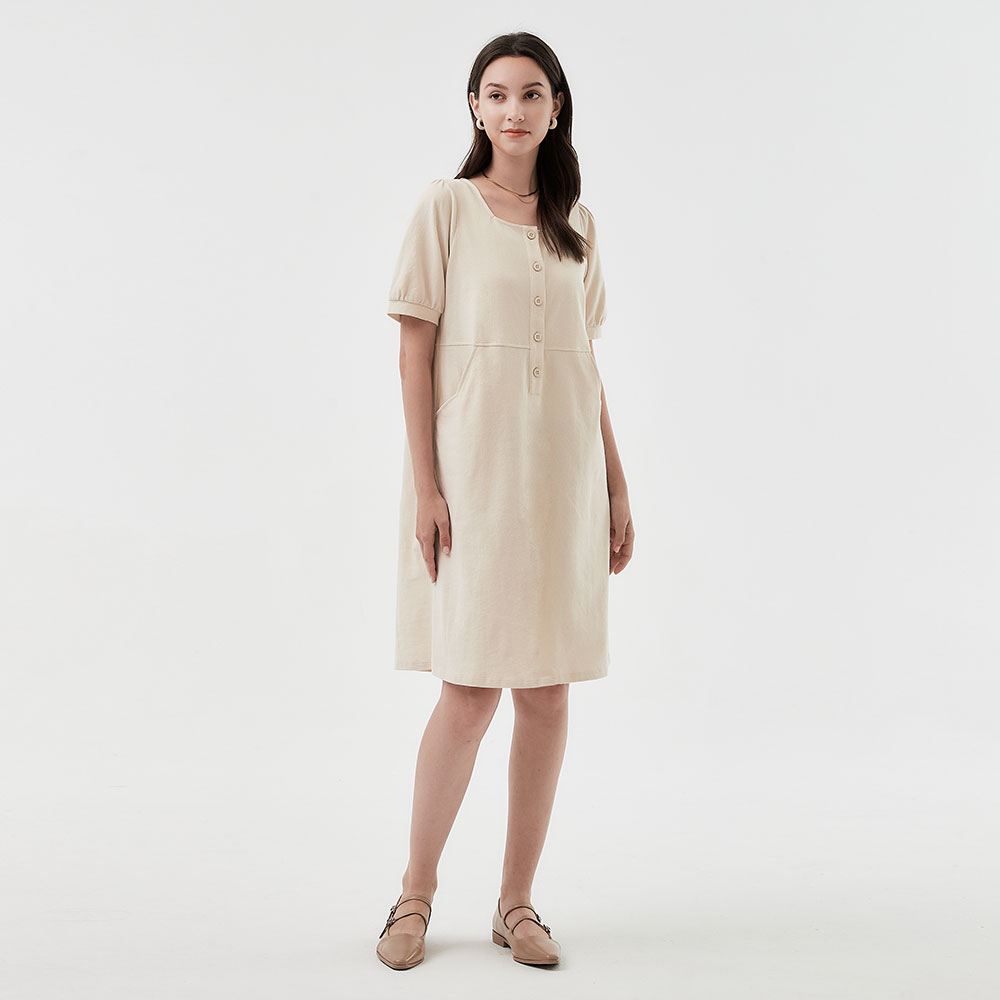 Buttoned Square Neck Maternity & Nursing Short Sleeve Dress 