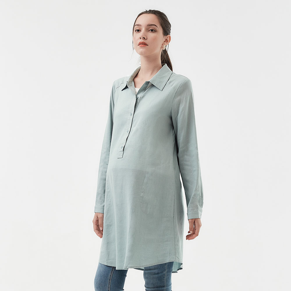 Half Button Linen Maternity & Nursing Long Blouse 