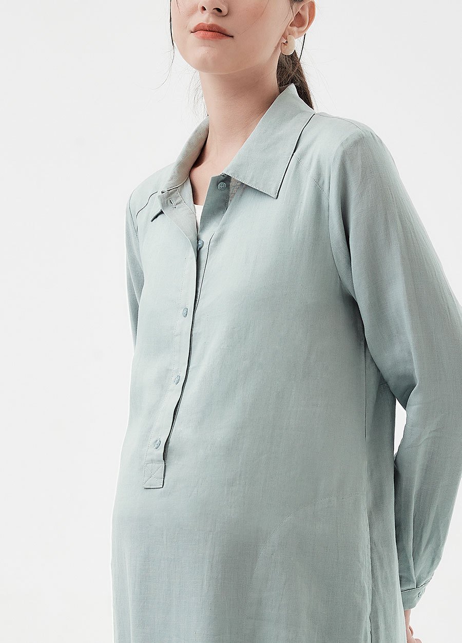 Half Button Collared Maternity & Nursing Long Blouse, Sage, small