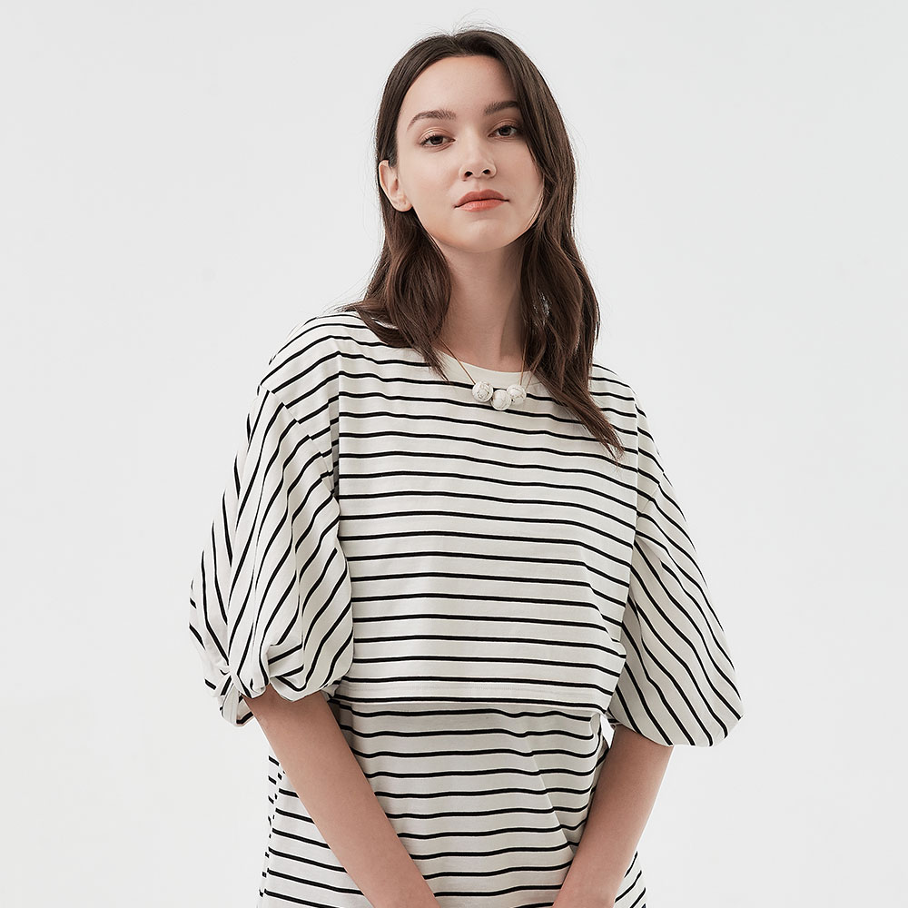 Striped Puff Sleeve Maternity & Nursing Top 