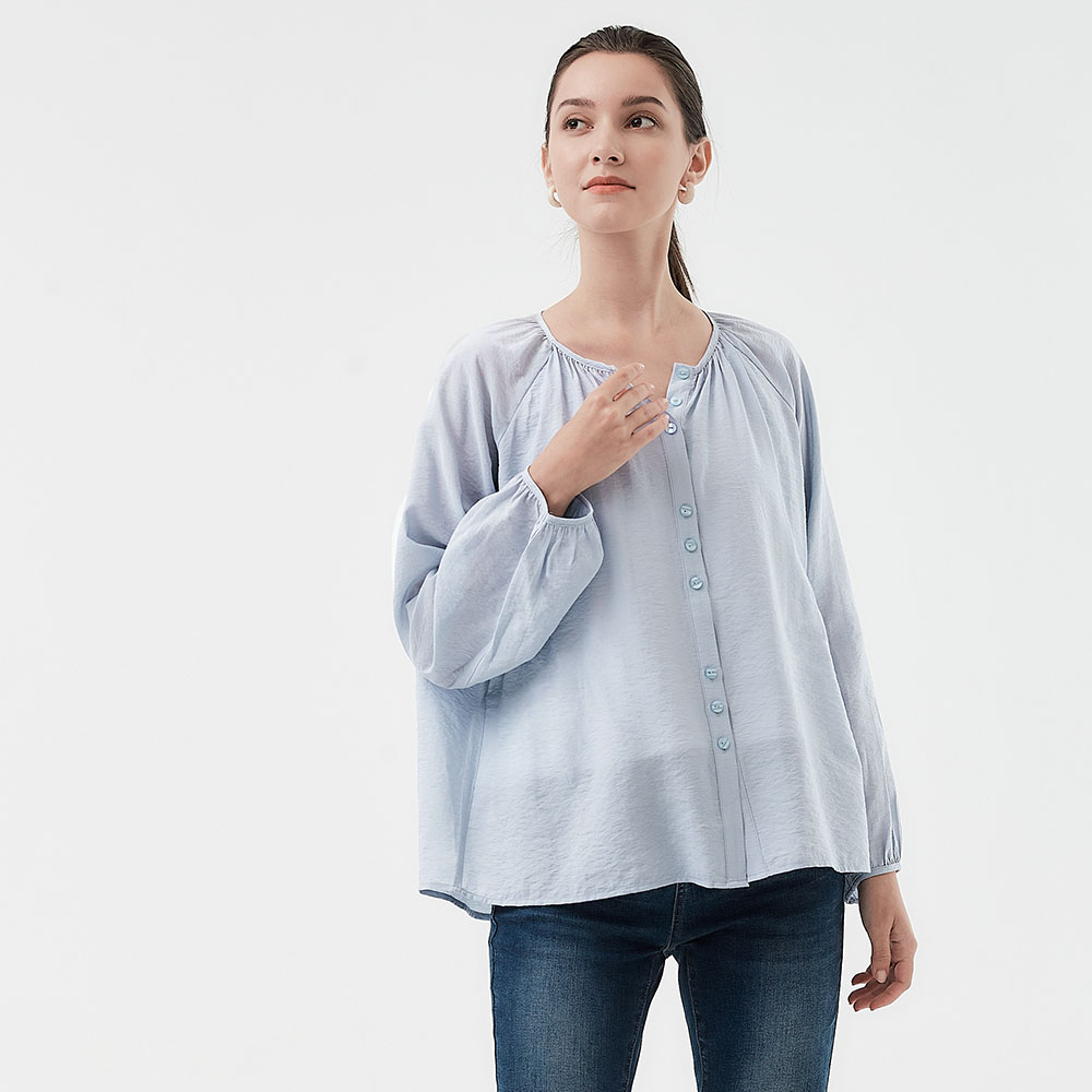 Pleated Round Neck Long Sleeve Maternity & Nursing Blouse 