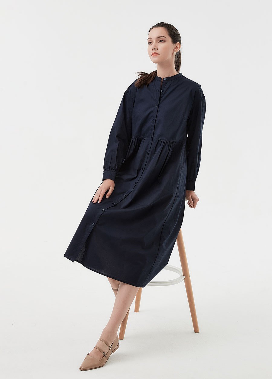 Cotton Long Sleeve Maternity & Nursing Shirt Dress, Navy, small