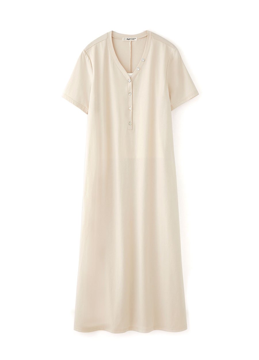 V-neck Short Sleeve Maternity & Nursing Dress, Cream, small