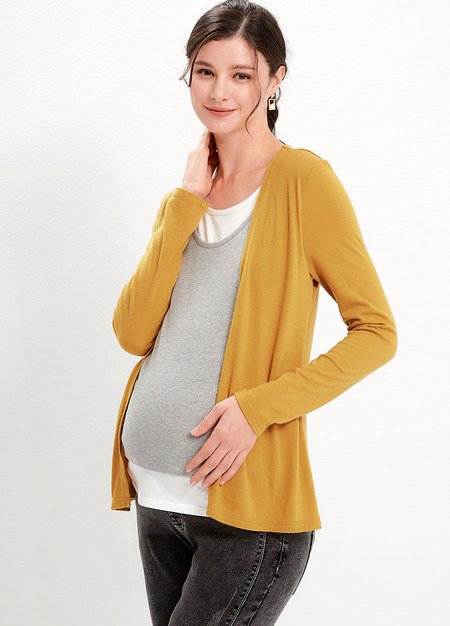 2 in 1 Maternity & Nursing Splicing Cardigan-Mustard1