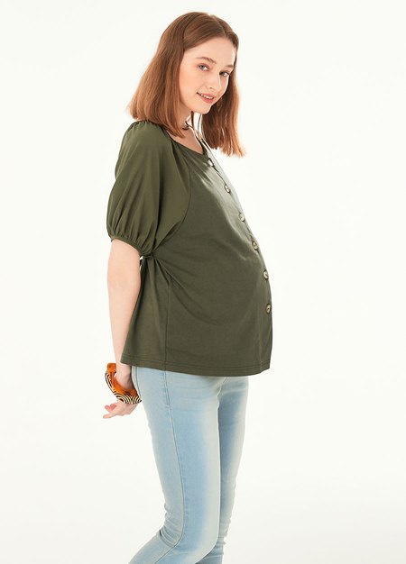 Puff Sleeve Maternity & Nursing Top-Olive4