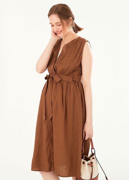 Button-through S/L Maternity & Nursing Dress-Brown1