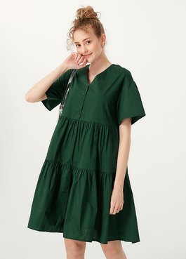 Flared Hem Cotton Maternity & Nursing Dress - Green